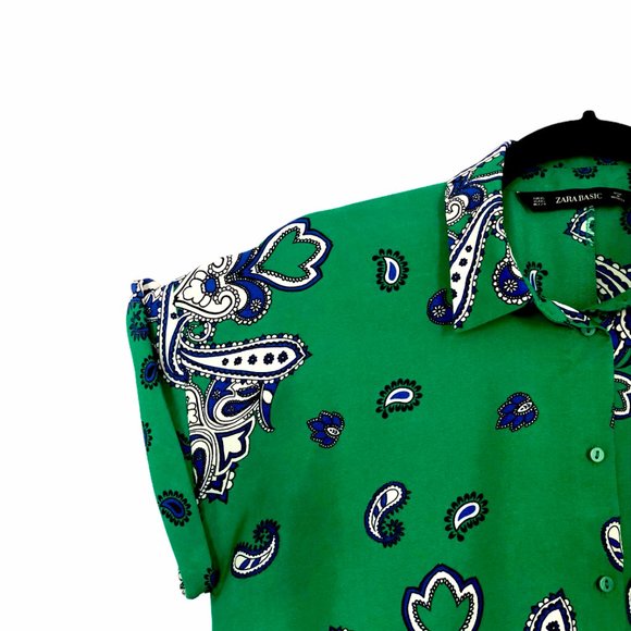 Zara Basic Green Paisley Top Button Down Small - Picture 5 of 8